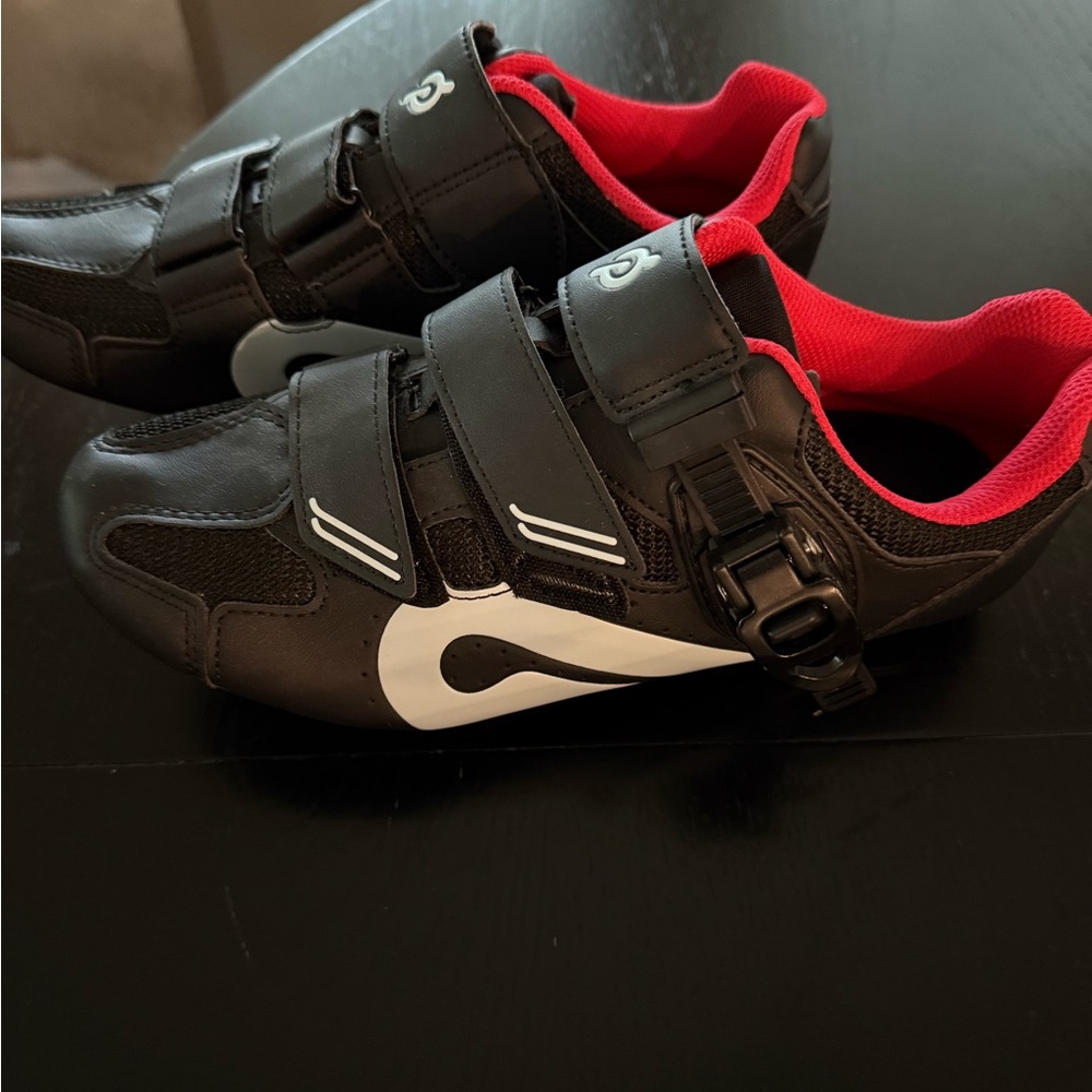 Peloton Black Cycling Shoes with Red Accents and White Logo